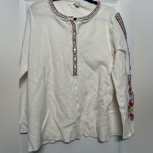 Sundance Off White Embroidered Long Sleeve 1/2 Button Cotton Size  XL